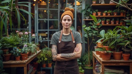 A woman stands in front of a greenhouse with a brown apron on