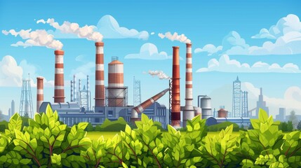 Obraz premium Industrial landscape with factory and green trees. world environment day 