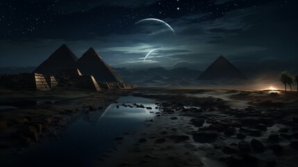 Egyptian Desert With River And Pyramids At Night.