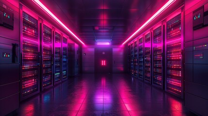 Fototapeta premium Server room racks with LED indicators, dim ambient light, eye-level, data security 