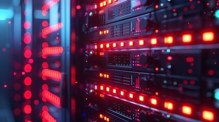 Server room racks with LED indicators, dim ambient light, eye-level, data security