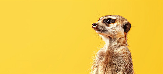 A small brown and white animal with a long tail stands on a yellow background. animal has a curious expression on its face. meerkat stands and looks into the distance against a solid yellow background - Powered by Adobe