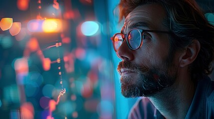 Data scientist brainstorming, whiteboard in soft focus, side view, innovative solutions 