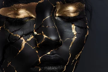 Wanddecoratie Zwart goud Glamorous abstract minimalistic black with gold metallic fashion background with a woman's face  © nutalina