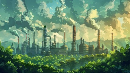 Industrial landscape with factory and green trees. world environment day 