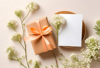 A gift box and bouquet of gypsophila flowers on a white background with a blank greeting card next to it.