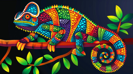 A colorful chameleon is perched on a branch. The image is vibrant and lively, with a sense of movement and energy. The chameleon's bright colors. drawing cartoon of a chameleon, vibrant colors