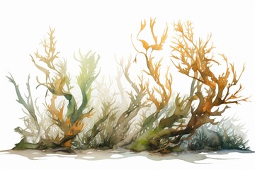 A watercolor of Seaweed forests swaying underwater, kelp and seaweed in deep greens and browns on white background