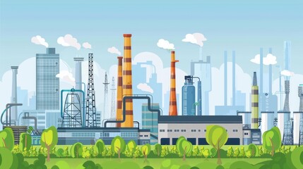 Obraz premium Industrial landscape with factory and green trees. world environment day 