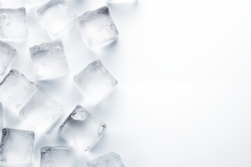 Scattered ice cubes with water droplets on a white background, conveying cool freshness. Generative AI