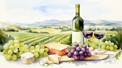 Fototapeta premium A watercolor of Vineyard tour essentials, wine bottle, grapes, cheese platter, glasses in a lush vineyard watercolor