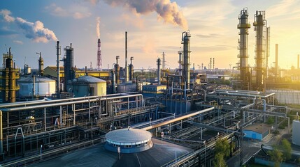 Obraz premium Industrial landscape with factory and green trees. world environment day 