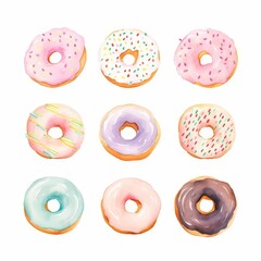 Fototapeta premium A variety of watercolor donuts on a white background. The donuts are all different colors and have different toppings.
