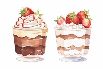 Two watercolor illustrations of parfaits with strawberries, whipped cream, and chocolate.