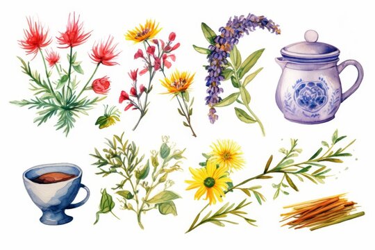 A beautiful watercolor painting of a variety of healing herbs and flowers