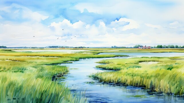 A watercolor of Salt marshes depicted at high tide, teeming with life, in vibrant and saturated watercolors