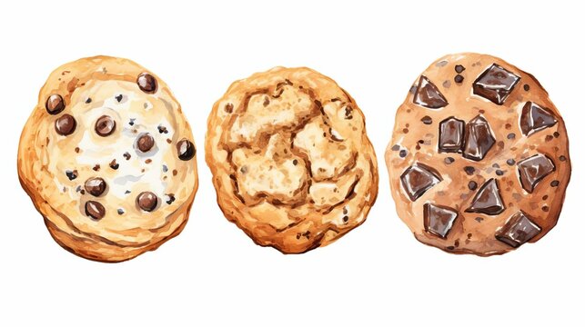 A watercolor painting of three chocolate chip cookies
