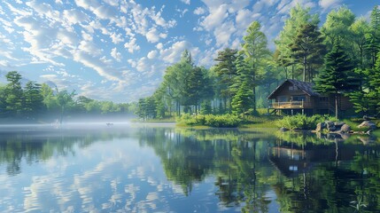 Fototapeta premium Visualize a serene lakeside cabin nestled among lush green forests