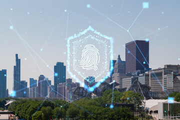 A hologram of a fingerprint over a downtown Chicago cityscape, with a futuristic mesh network connecting points. Double exposure