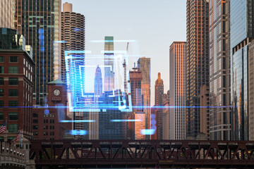 Double exposure of Chicago skyline with a hologram overlay, vibrant urban atmosphere, and...
