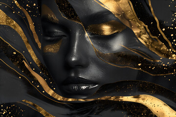Glamorous abstract minimalistic black with gold metallic fashion background with a woman's face
