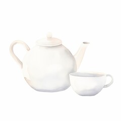 A beautiful watercolor painting of a white teapot and teacup