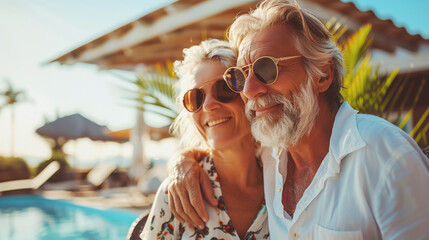 happy senior couple enjoying retirement vacation by the pool