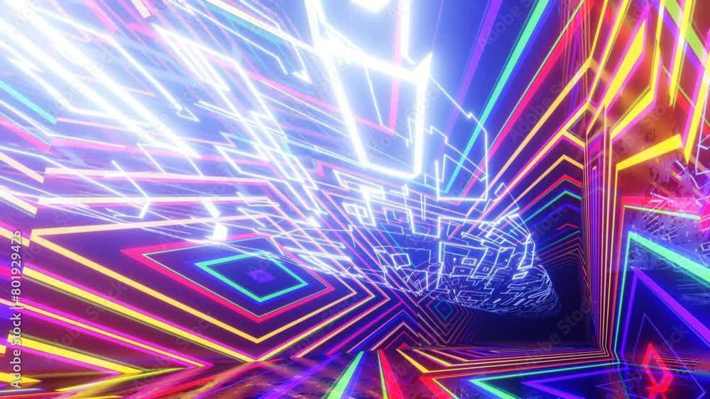 Aufkleber fly through technology cyberspace with neon glow. sci-fi flight through hi-tech technology tunnel. g