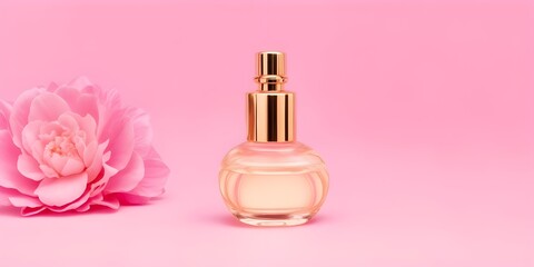 Obraz premium Perfume bottle with pink flower on a pink background. 3d rendering