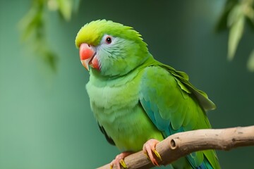 Naklejka premium Green parrot sitting in tree Generative AI