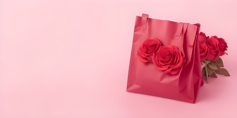 Bouquet of roses in a paper bag on a pink background