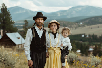 A portrait of the Amish on a mountain peak, with their house and mountain range in the background.

