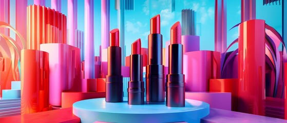 Bold and colorful cosmetics display, featuring a variety of lipsticks and eye shadows on an abstract backdrop, tailored for engaging beauty promotions,