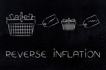 reverse Inflation and fix the cost of living concept, shopping baskets with arrows going up and down