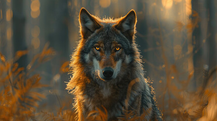 Portrait of a wolf standing in a foggy forest with sunlight shining through the trees in the morning
