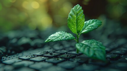 Eco-Friendly Tech: Plant Growing on Laptop Keyboard Generative AI