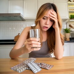 shocked and sad adhd women sitting in her kitchen with medicine near her with a glass of water. ritalin, adderall side effects. adhd meds side effects. women experiencing brain fog and adhd symptoms.