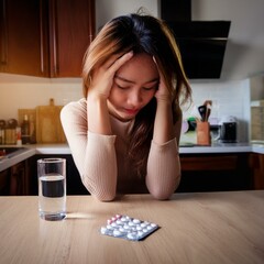 depressed adhd women sitting in her kitchen with medicine near her with a glass of water. ritalin, adderall side effects. adhd meds side effects. women experiencing brain fog and adhd symptoms.