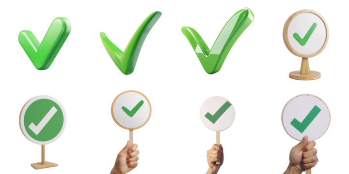 Check mark png collection 3d transparent for product presentation.