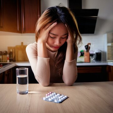 depressed adhd women sitting in her kitchen with medicine near her with a glass of water. ritalin, adderall side effects. adhd meds side effects. women experiencing brain fog and adhd symptoms.