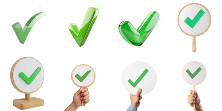 Set of check mark png mockup in 3d without backoground png for decoration.