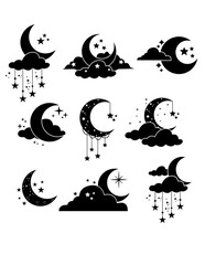 Moon and Stars   Rich Afro Lady   Crescent Moon   Mystical Stars   Celestial   Starry Night Sky   Quarter Moonlight   Original Illustration   Vector and Clipart   Cutfifle and Stencil © MEM