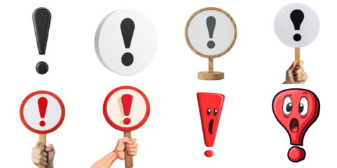 Exclamation mark transparent set in 3d no background for product presentation.
