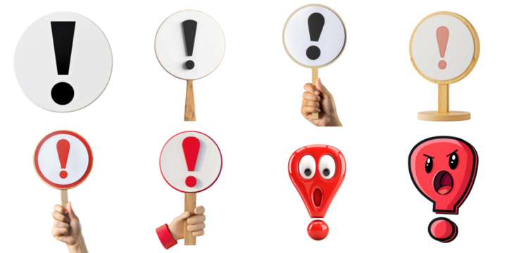 Exclamation sign transparent collection in 3d using for presentation.