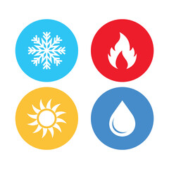 Water, fire, sun and snowflake icons. Hot and cold symbols. Flat vector illustration