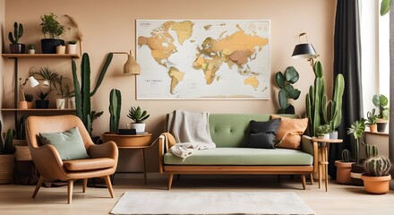 A mock-up poster map, a wooden shelf, a book, an armchair, a plant, cacti, a vinyl recorder, decorations, and individual items in chic home decor make up this retro living room design.