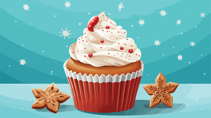 Tasty Christmas cupcake with gingerbread cookies on background