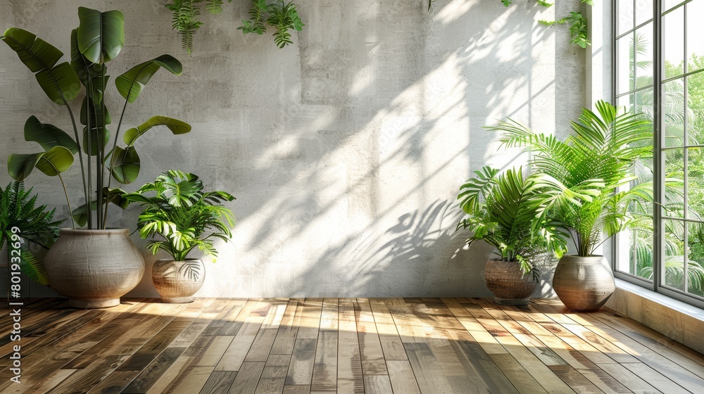 Poster serenity found in empty room with greenery generative ai
