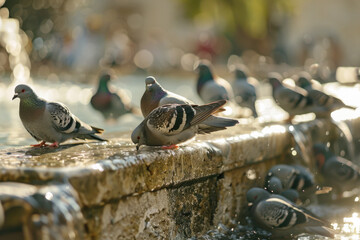 Due to rising temperatures, a group of pigeons frolic in a city fountain to cool off.

