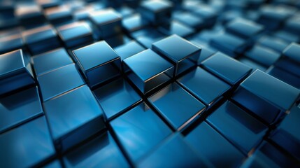 Obraz premium Abstract design with blue metal cubes set in a dynamic perspective, soft lighting enhancing dimensionality, suitable for various hightech projects,